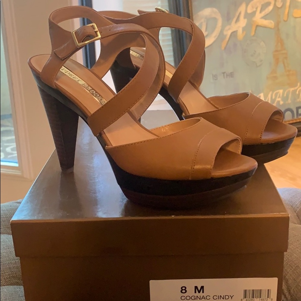 Audrey Brooke Open-Toe Brown Leather Heels